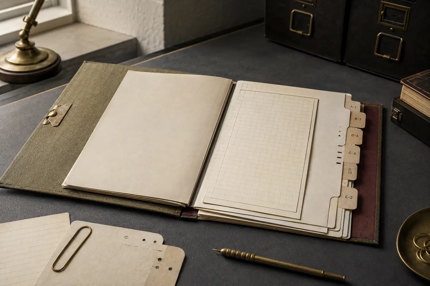 Blank indexed research dossier with scientific grid paper in a neutral European office.